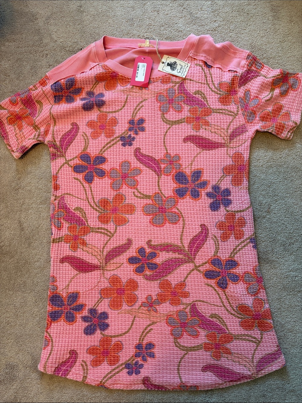 easel Pink Floral Waffle-Knit Short-Sleeve Tunic Dress